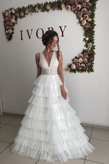 Straps V-neck Cheap A-line Tulle Ruffles Wedding Dress