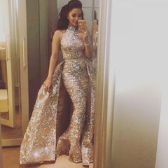 High Neck Champagne Overskirt Silver Beads Appliques Prom Dress
