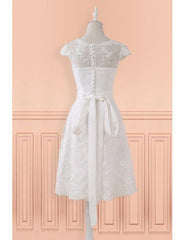 Lace Short Belt Cap Sleeve Wedding Reception Dress For Mature Brides
