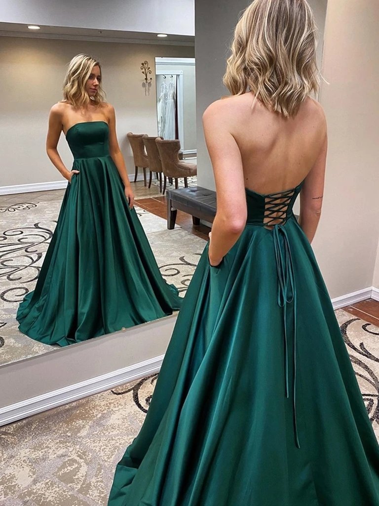 Strapless Backless Emerald Green Long Prom Dress with Pocket