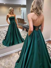 Strapless Backless Emerald Green Long Prom Dress with Pocket