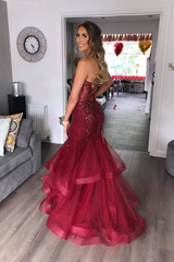 Long V Neck Mermaid Burgundy Tulle Beading Prom Dress with Ruffles