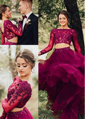 Tulle Bateau Burgundy Long Evening Dress With Beaded