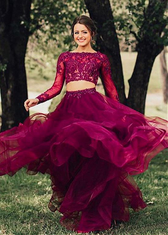 Tulle Bateau Burgundy Long Evening Dress With Beaded