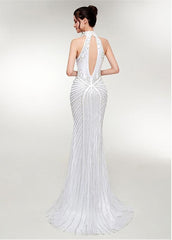 Tulle High Collar White Long Mermaid Evening Dress