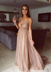 Long Sequins Evening Dresses Plunge V-neck Prom Gowns