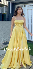 Charming Spaghetti Strap A-line Satin Side Slit Long Prom Dresses.DB10808