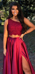 Charming One-shoulder Two-piece Satin Side Slit Long Prom Dresses Evening Dresses.DB10549