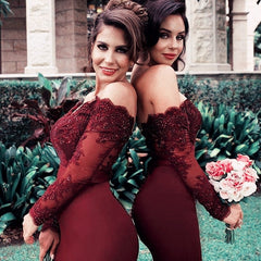 Lace Sleeves V-neck Off Shoulder Bridesmaid Dresses Long Mermaid Gowns
