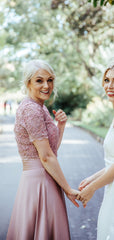 Best Scoop Neck Short Sleeve Two-piece Lace Satin Evening Dresses Party Long Bridesmaid Dresses.DB10657