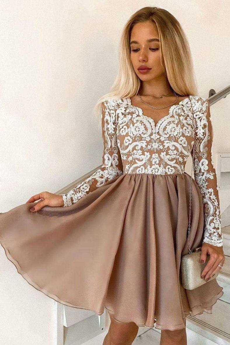 Pink v neck lace tulle short prom dress lace cocktail dress - RongMoon