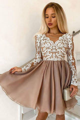 Pink v neck lace tulle short prom dress lace cocktail dress - RongMoon