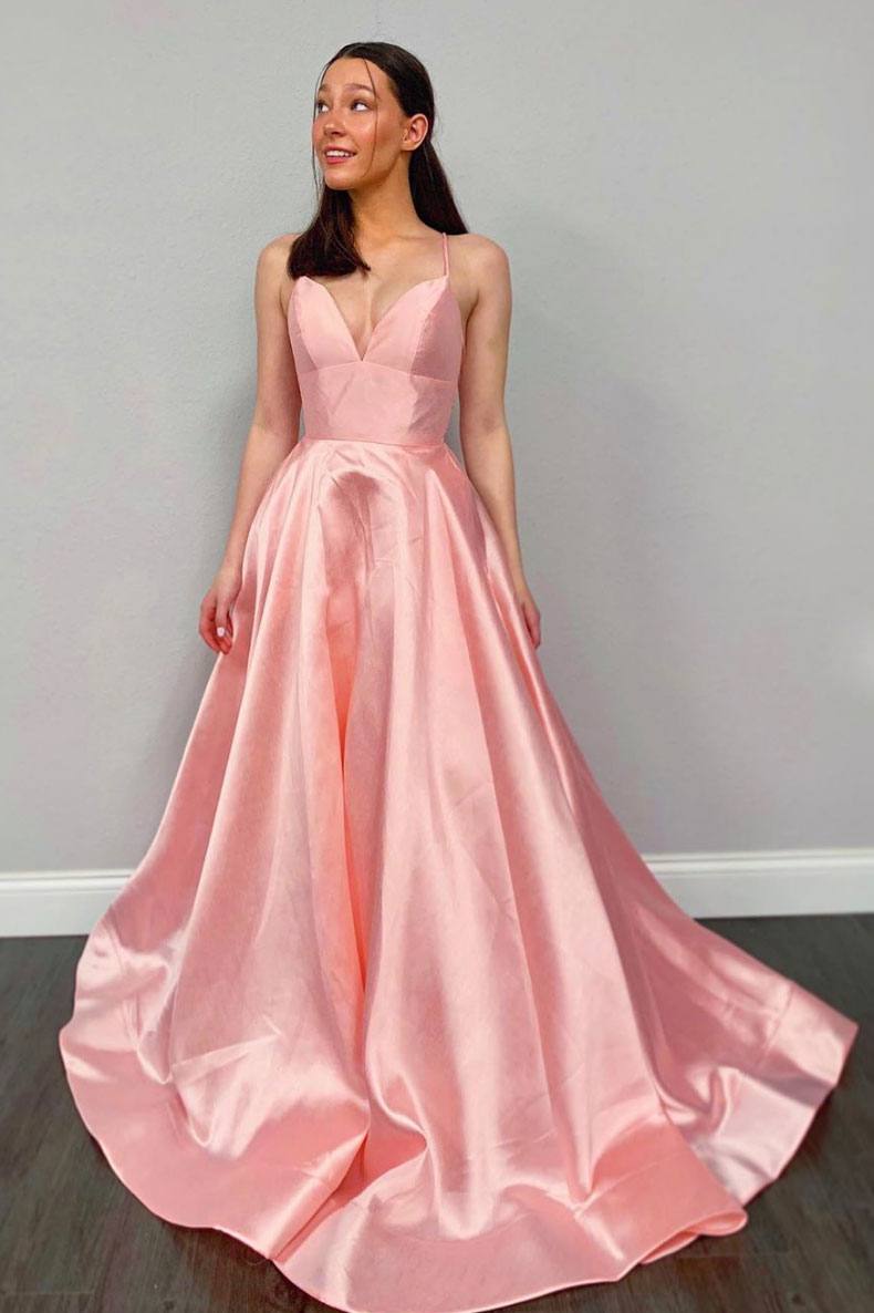 Simple pink v neck satin long prom dress pink evening dress - RongMoon