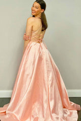Simple pink v neck satin long prom dress pink evening dress - RongMoon