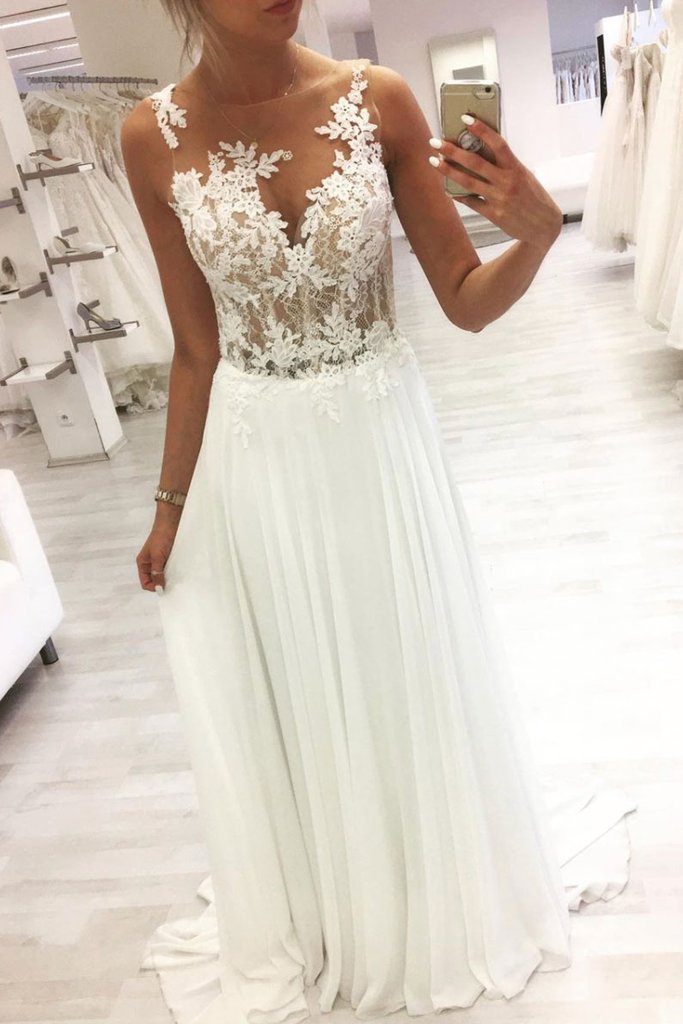 See Through Chiffon White Round Neck Appliques Prom Dress