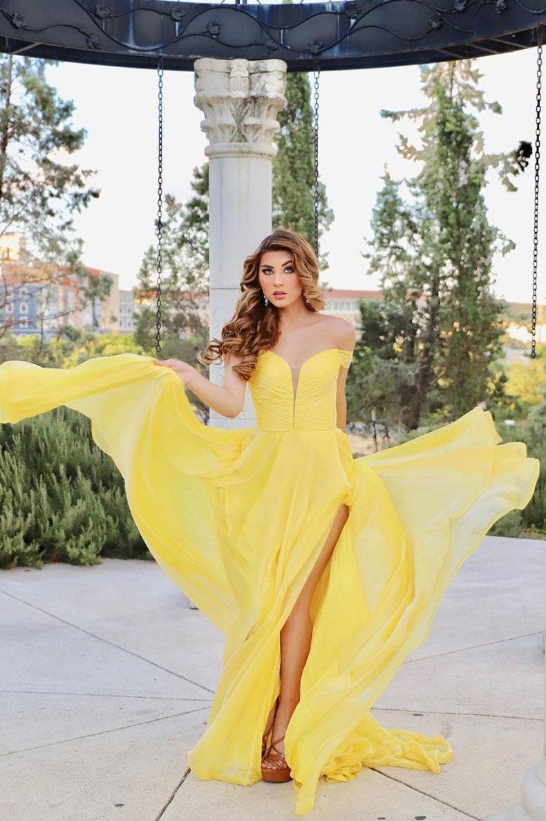 Yellow chiffon long prom dress yellow chiffon evening dress - RongMoon