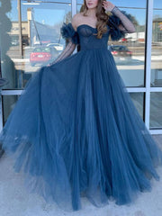Gray blue tulle long prom dress, gray tulle formal dress - RongMoon