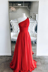 Red one shoulder long prom dress red evening dress - RongMoon