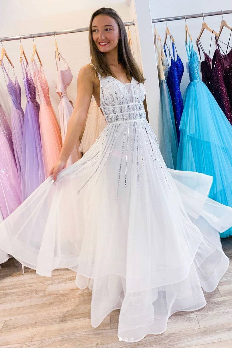White v neck tulle sequin long prom dress white evening dress - RongMoon