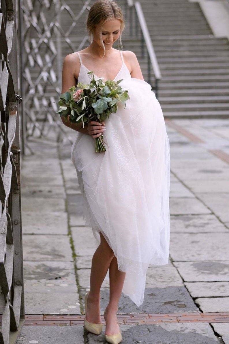 Simple v neck tulle white long wedding dress white bridal dress - RongMoon