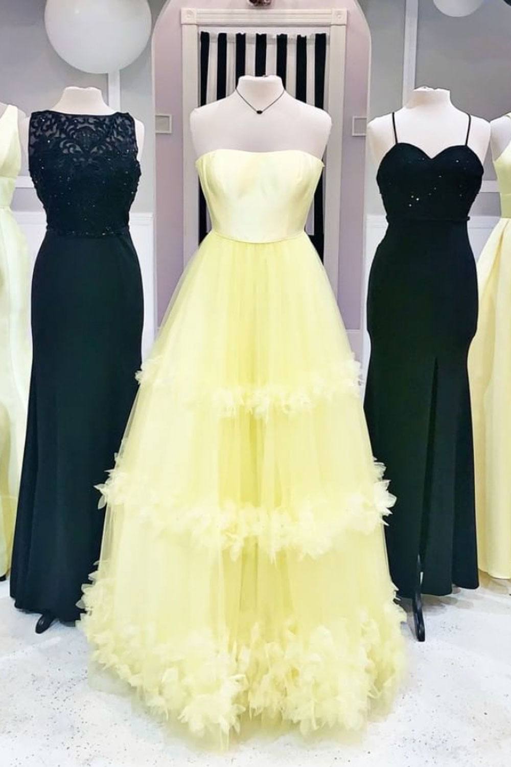 Yellow sweetheart tulle long prom dress yellow formal dress - RongMoon