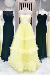 Yellow sweetheart tulle long prom dress yellow formal dress - RongMoon