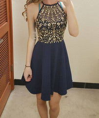 Unique round neck rhinestones short prom dress, cute homecoming dress - RongMoon