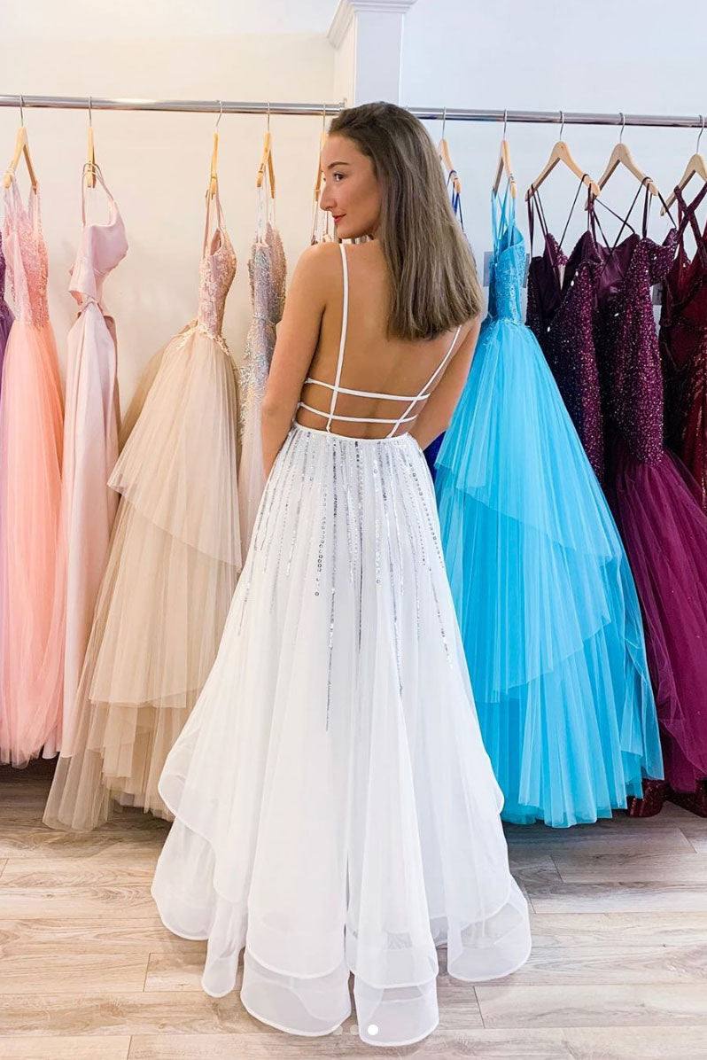 White v neck tulle sequin long prom dress white evening dress - RongMoon
