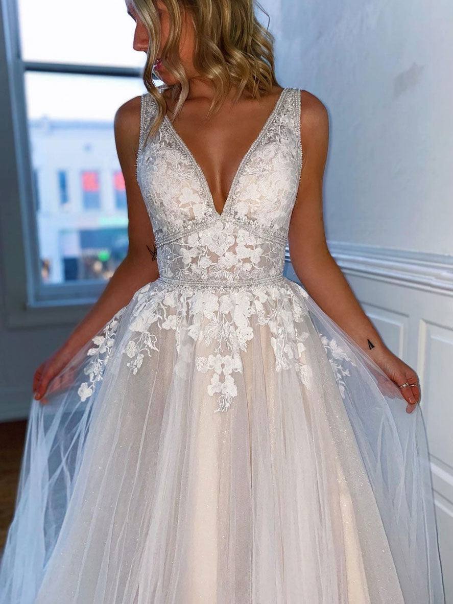 Gray white v neck tulle lace long prom dress, gray lace evening dress - RongMoon
