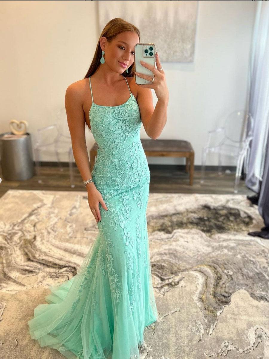 Green tulle lace mermaid long prom dress, green tulle formal dress - RongMoon