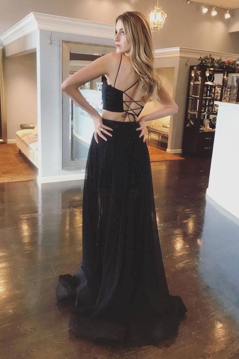 Black two pieces tulle long prom dress black evening dress - RongMoon