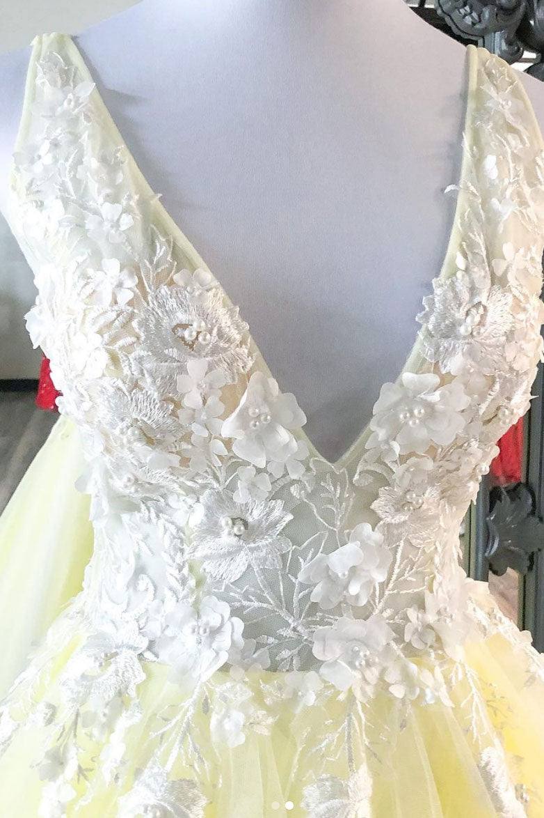 Yellow v neck tulle lace long prom dress yellow formal dress - RongMoon
