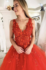 Orange v neck tulle lace long prom dress tulle sweet 16 dress - RongMoon