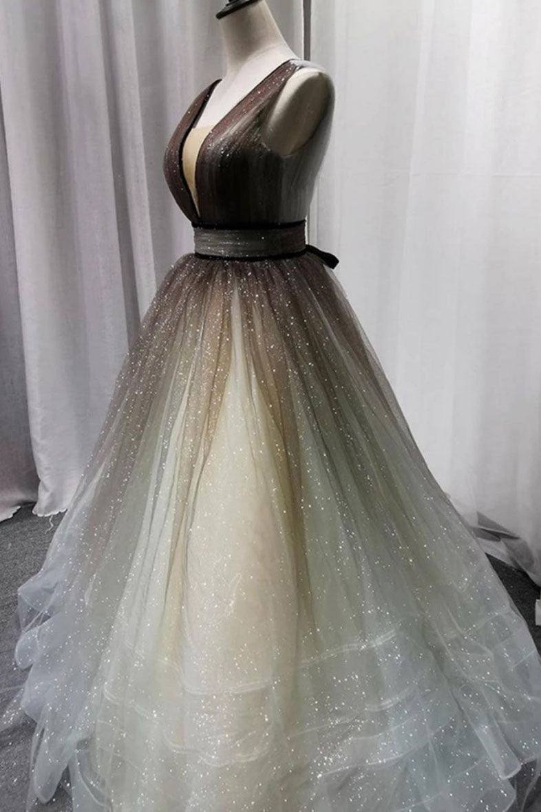 Simple Coffee tulle sequin long prom dress coffee evening dress - RongMoon