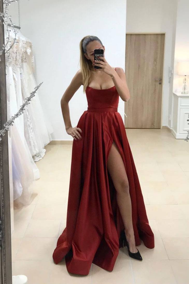 Simple red satin long prom dress satin long evening dress - RongMoon
