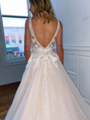Gray white v neck tulle lace long prom dress, gray lace evening dress - RongMoon
