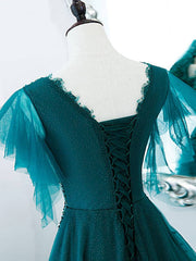 Green v neck tulle beads long prom dress, green tulle formal dress - RongMoon