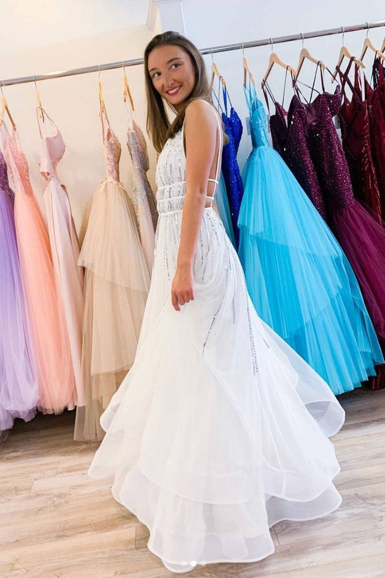 White v neck tulle sequin long prom dress white evening dress - RongMoon