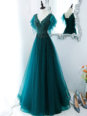 Green v neck tulle beads long prom dress, green tulle formal dress - RongMoon