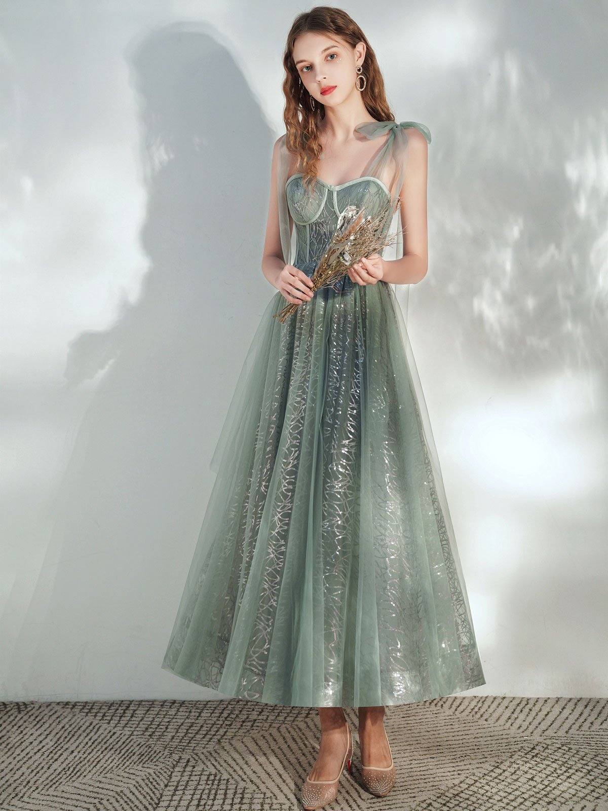 Green sweetheart neck tulle tea length prom dress, green evening dress - RongMoon