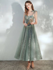 Green sweetheart neck tulle tea length prom dress, green evening dress - RongMoon