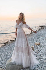Bohemia Maxi Cold Shoulder Long Lace Beach Wedding Dress