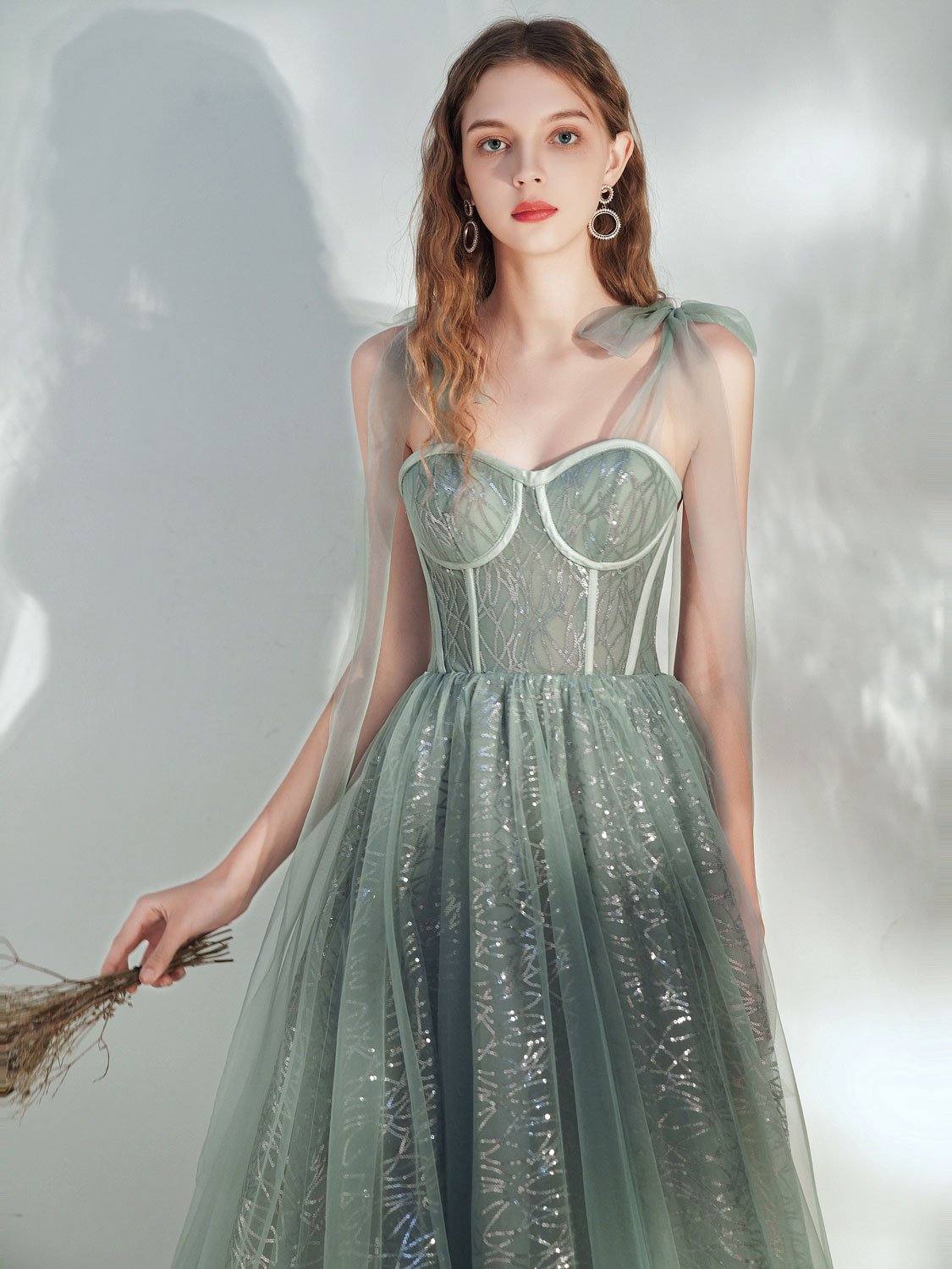 Green sweetheart neck tulle tea length prom dress, green evening dress - RongMoon