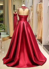 Satin High Collar long Sleeve Beading Prom Evening Dress