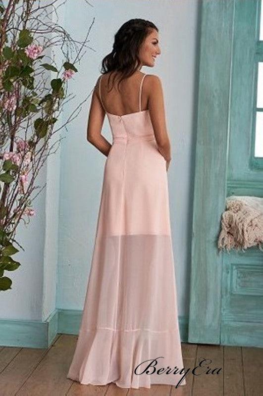 Spaghetti Straps Unique Bridesmaid Dresses, Pink Chiffon Slit Bridesmaid Dresses - RongMoon