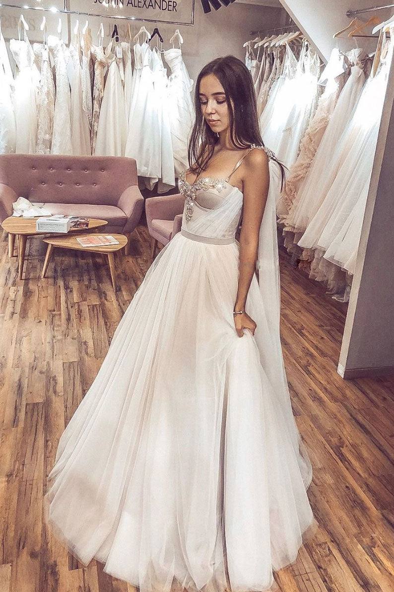Light champagne sweetheart tulle long prom dress light evening dress - RongMoon