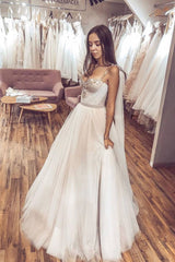 Light champagne sweetheart tulle long prom dress light evening dress - RongMoon