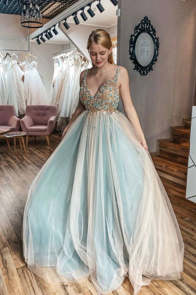 Unique v neck tulle lace long prom dress tulle formal dress - RongMoon