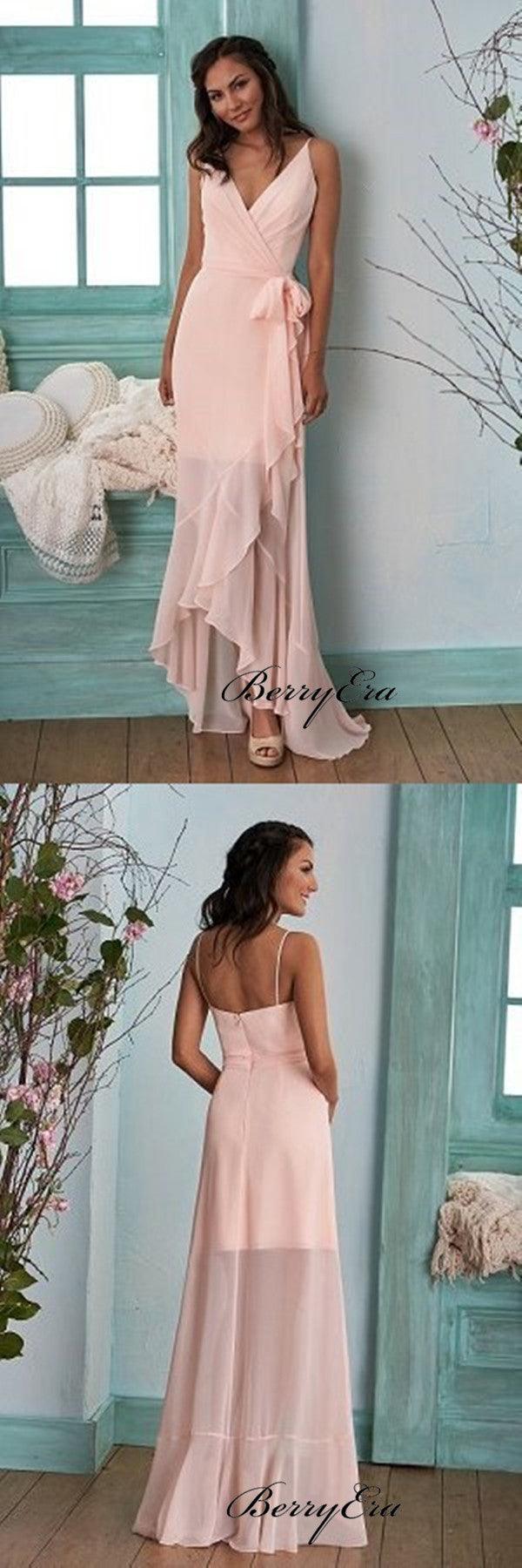 Spaghetti Straps Unique Bridesmaid Dresses, Pink Chiffon Slit Bridesmaid Dresses - RongMoon