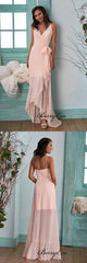 Spaghetti Straps Unique Bridesmaid Dresses, Pink Chiffon Slit Bridesmaid Dresses - RongMoon